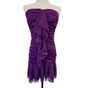 Vtg USA Sequin Hearts Purple Sexy Strapless Dress Sheer Ruching EUC M